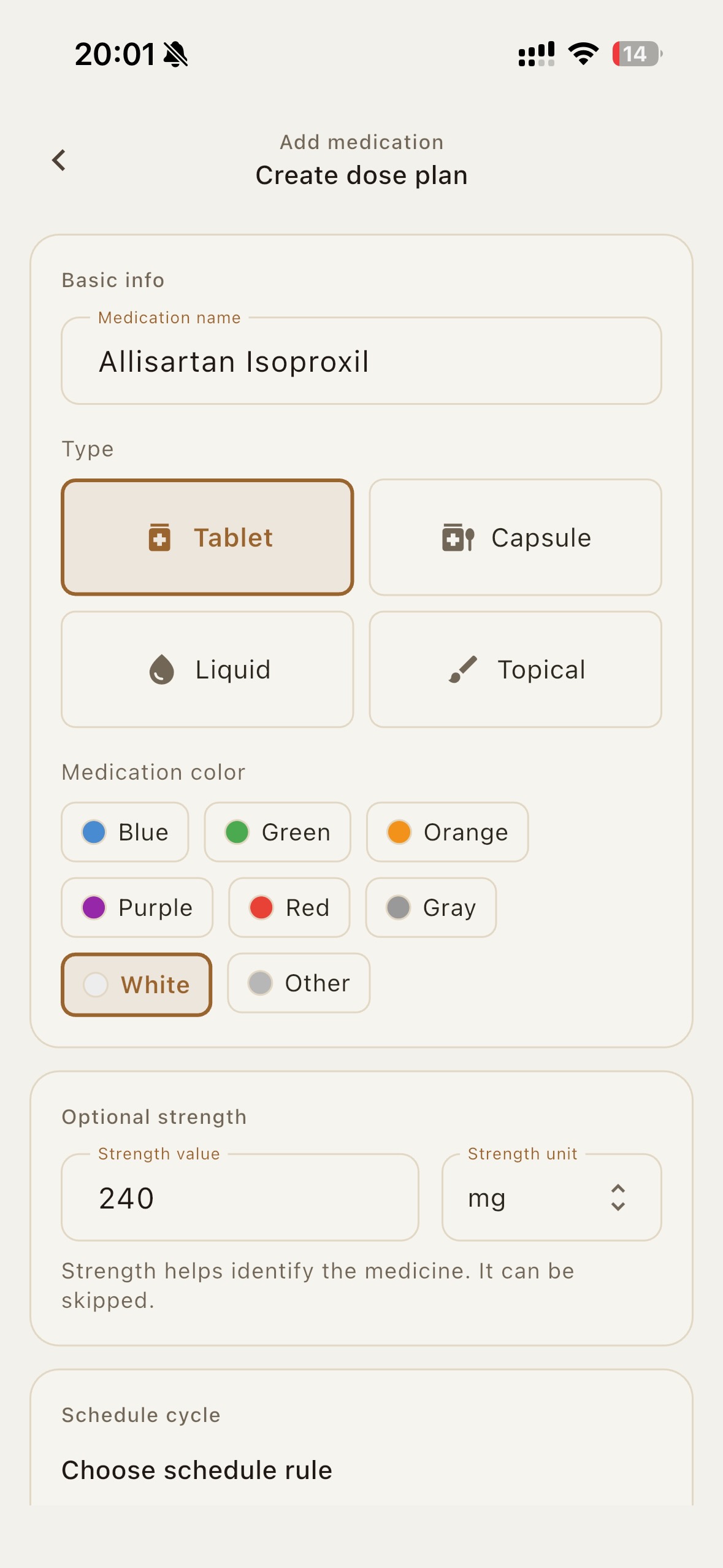 Add medication form with type selector, color picker, and schedule options