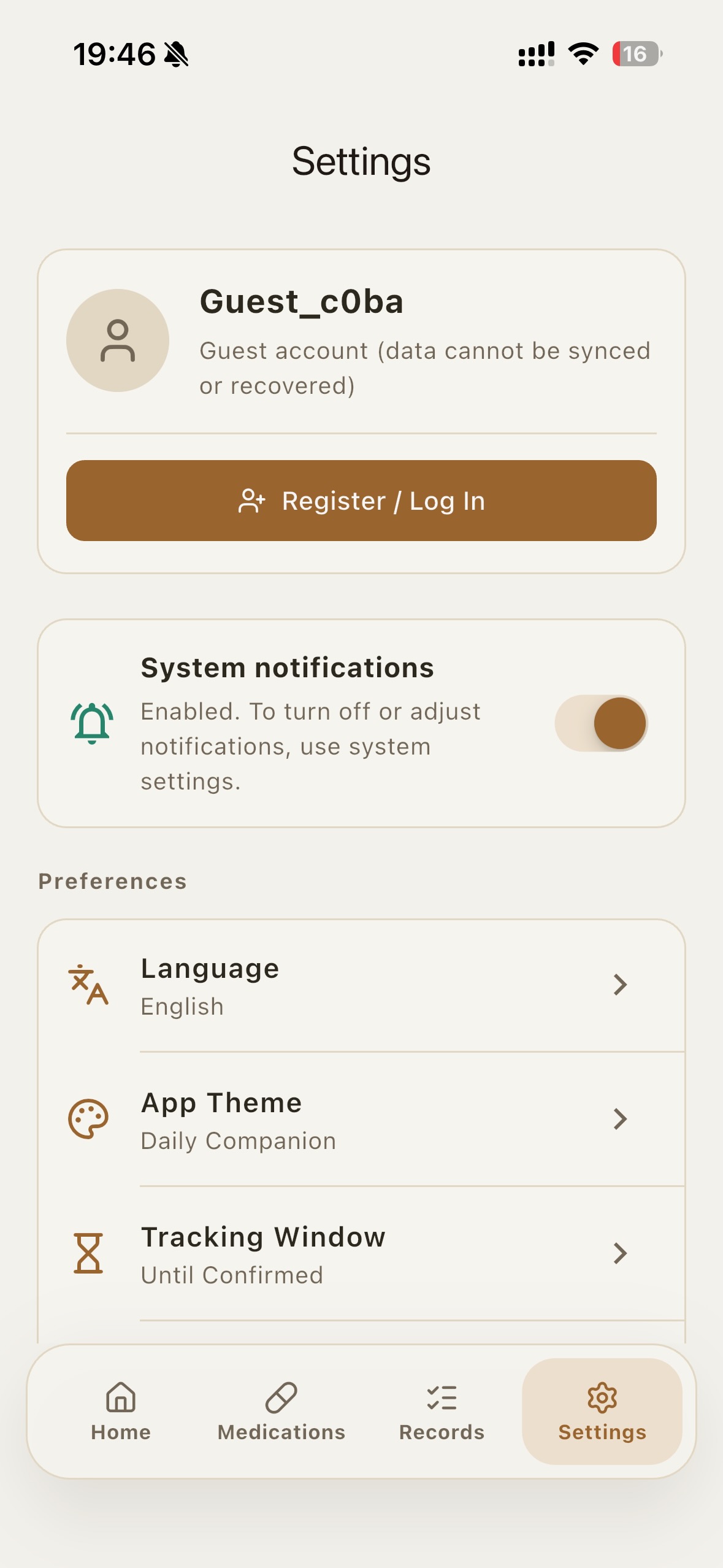 Settings screen: language, theme, tracking window, and reminder intensity options