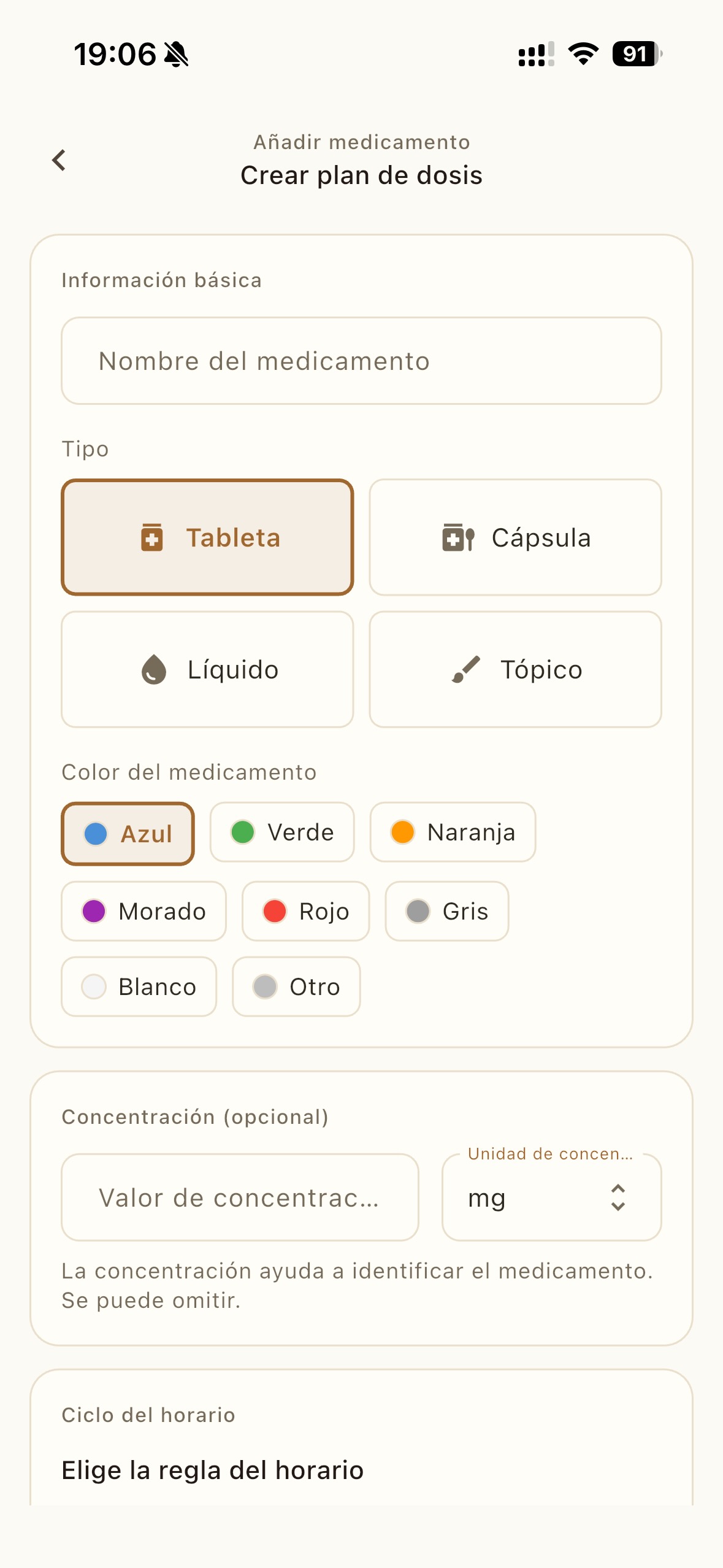 Formulario para añadir medicamento con selector de tipo, paleta de colores y opciones de horario