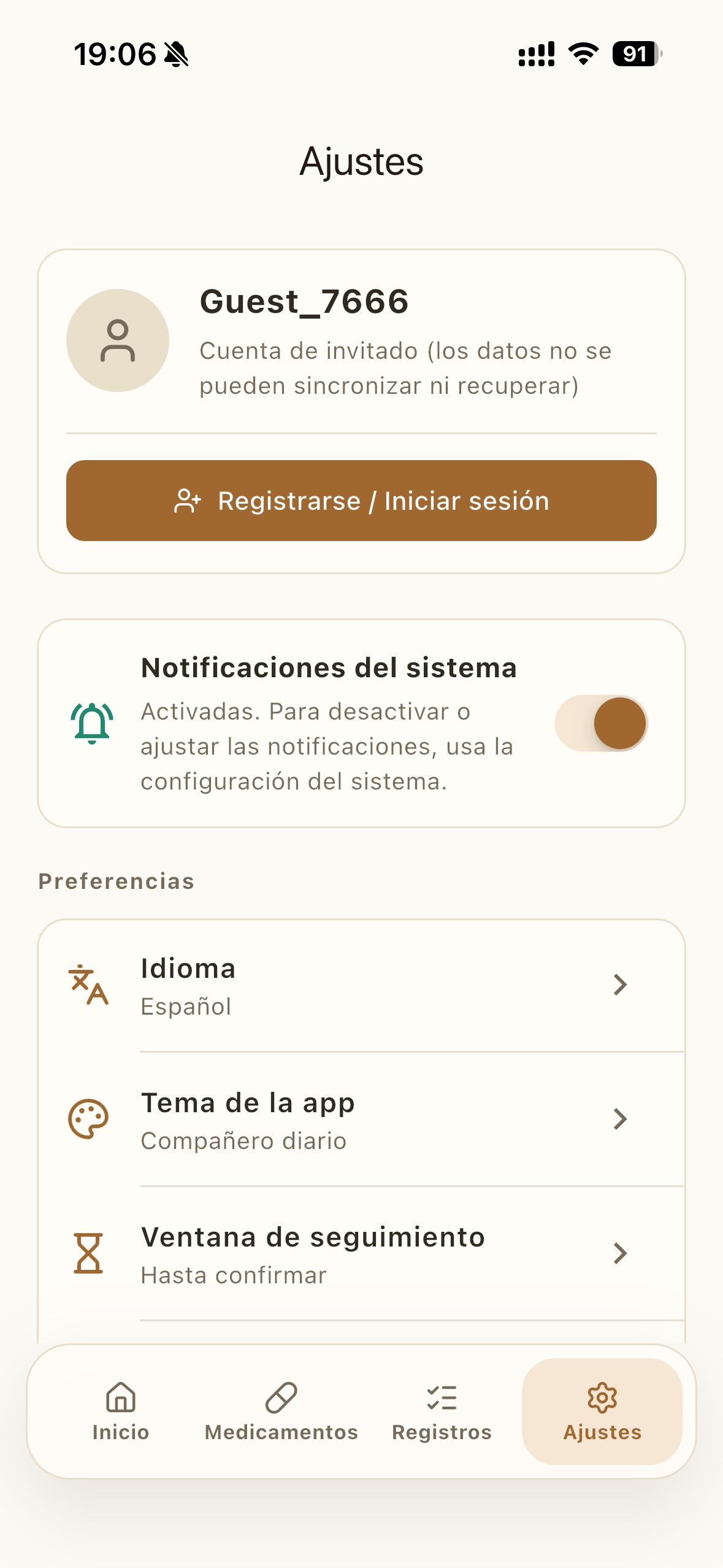 Pantalla de ajustes: opciones de idioma, tema, ventana de seguimiento e intensidad de recordatorios