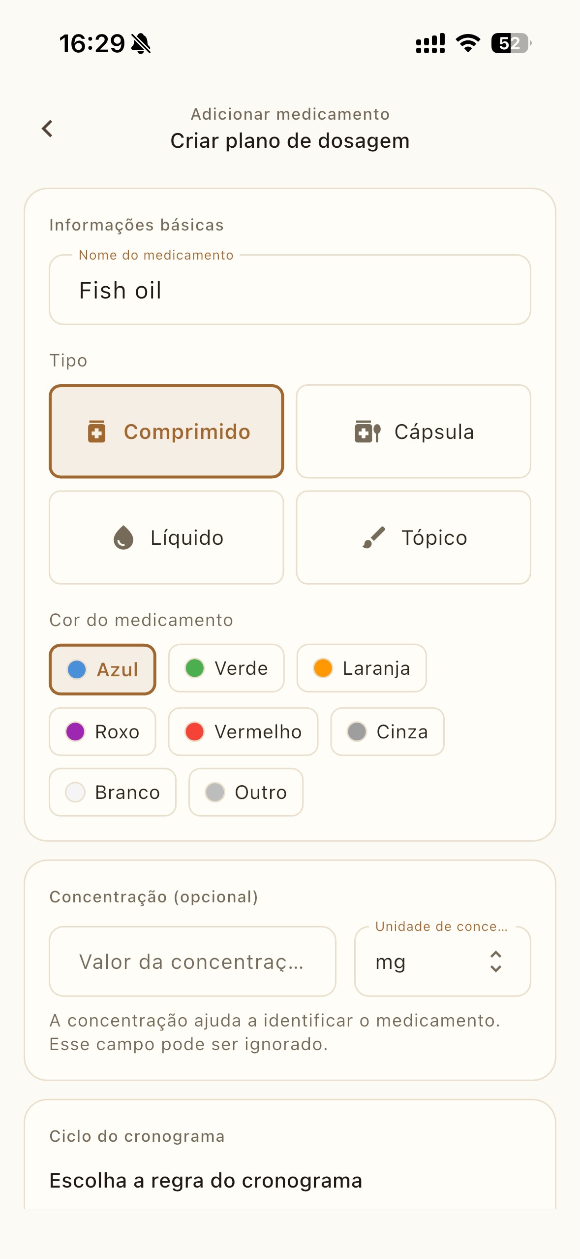 Formulário para adicionar medicamento com seletor de tipo, paleta de cores e opções de horário