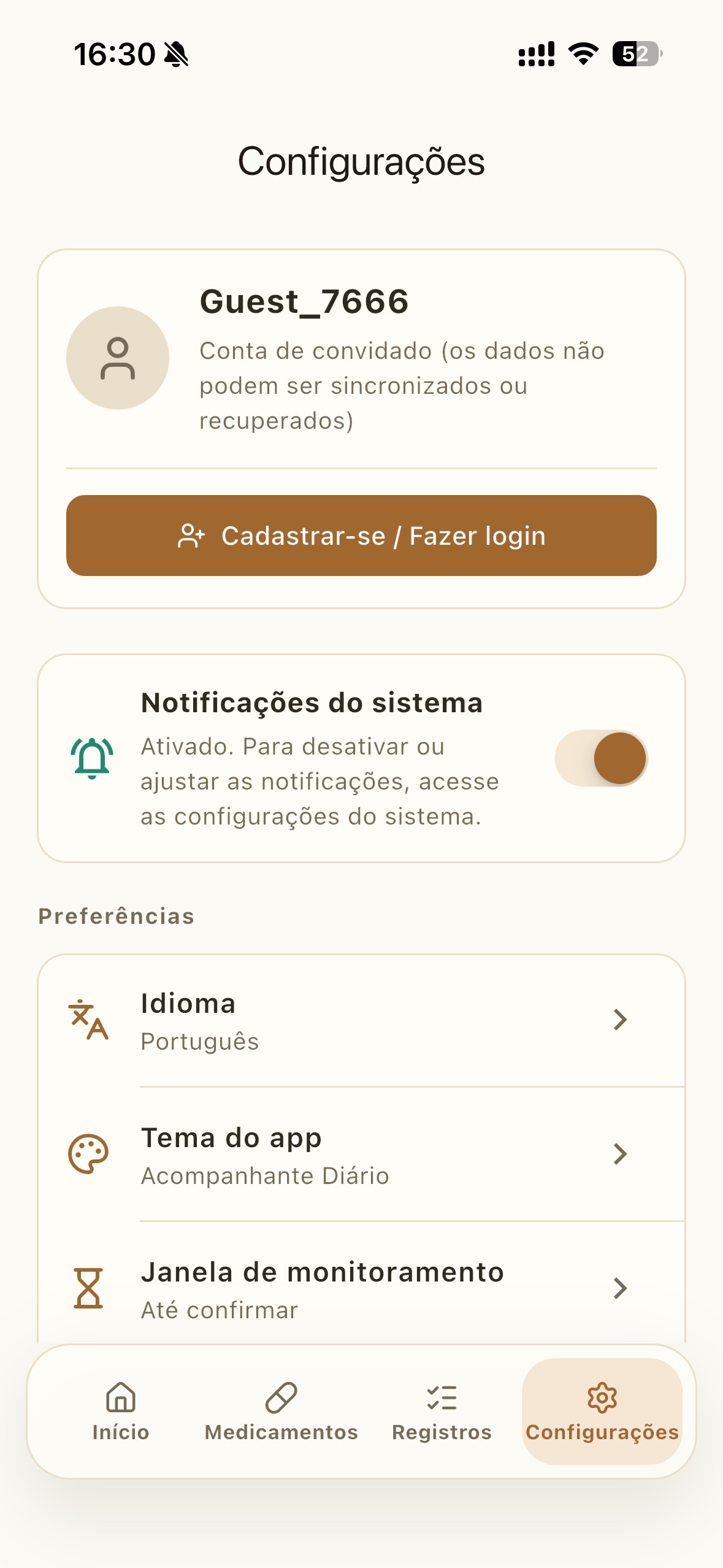 Tela de configurações: opções de idioma, tema, janela de monitoramento e intensidade de alertas